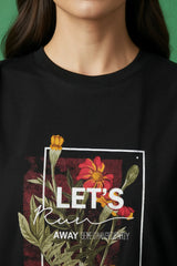 Lets Run Away Floral Design Graphic Printed Oversized Drop Shoulder Sleeves Tshirt