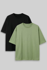 Bodic Solid Black& Pista Green Oversized Drop Shoulder Sleeves T-shirt