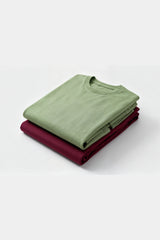 Bodic Solid Burgundy & Pista Green Oversized Drop Shoulder Sleeves T-shirt