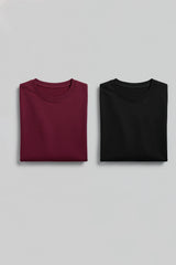 Bodic Solid Black& Burgundy Oversized Drop Shoulder Sleeves T-shirt