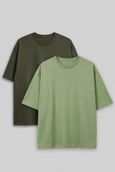 Bodic Solid Oliv Green & Pista Green Oversized Drop Shoulder Sleeves T-shirt