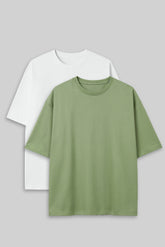 Bodic Solid White & Pista Green Oversized Drop Shoulder Sleeves T-shirt