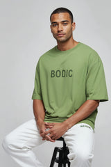 Bodic Men's Never Give Up Greetings Big Graphic Printed Oversized Drop Shoulder Sleeves T-shirt