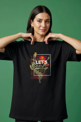 Lets Run Away Floral Design  Graphic Printed Oversized Drop Shoulder Sleeves Tshirt