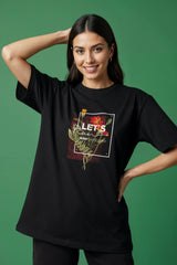 Lets Run Away Floral Design  Graphic Printed Oversized Drop Shoulder Sleeves Tshirt