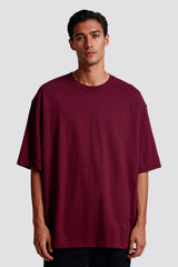 Bodic Solid Burgundy & Pista Green Oversized Drop Shoulder Sleeves  T-shirt