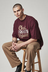 Bodic Mes's Chai Squats Repeat Graphic Printed Oversized Drop Shoulder Sleeves  T shirt
