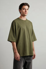 Bodic Solid Oliv Green & Pista Green Oversized Drop Shoulder Sleeves  T-shirt