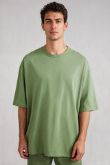 Bodic Solid White & Pista Green Oversized Drop Shoulder Sleeves  T-shirt