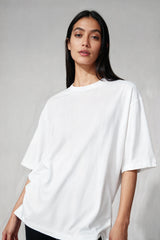 Bodic Solid White & Pista Green Oversized Drop Shoulder Sleeves  T-shirt