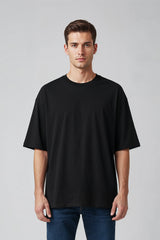 Bodic Solid Black& White Oversized Drop Shoulder Sleeves  T shirt