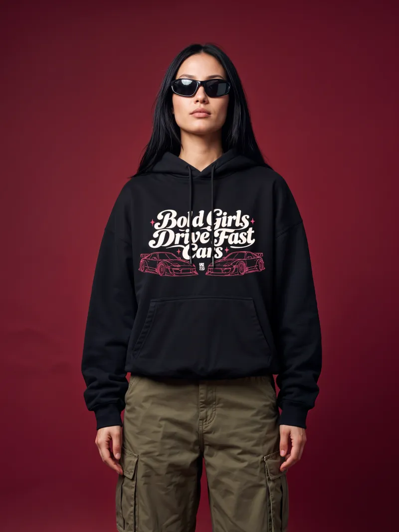 BODIC Bold Girls Drive Fast Cars Graphic Oversized Hoodie – Black | 420 GSM