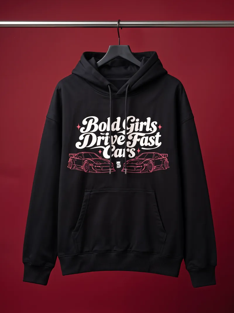 BODIC Bold Girls Drive Fast Cars Graphic Oversized Hoodie – Black | 420 GSM