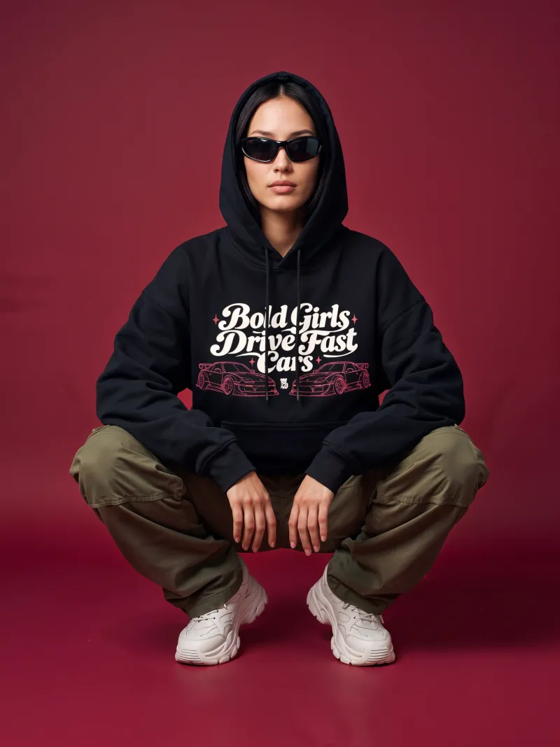 BODIC Bold Girls Drive Fast Cars Graphic Oversized Hoodie – Black | 420 GSM