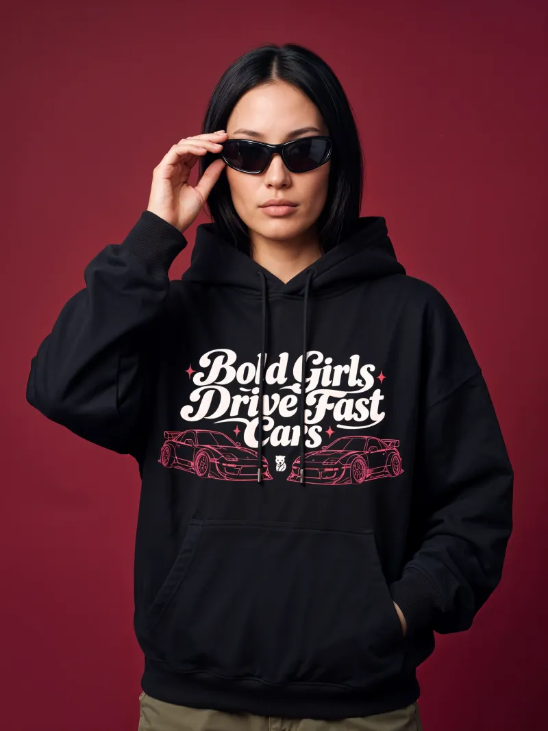 BODIC Bold Girls Drive Fast Cars Graphic Oversized Hoodie – Black | 420 GSM