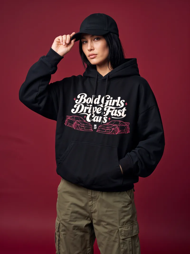 BODIC Bold Girls Drive Fast Cars Graphic Oversized Hoodie – Black | 420 GSM