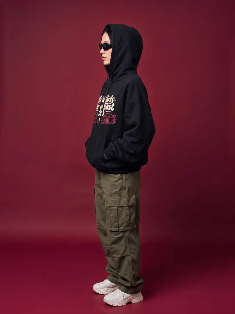 BODIC Bold Girls Drive Fast Cars Graphic Oversized Hoodie – Black | 420 GSM